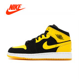 Original New Arrival Authentic Nike Air Jordan 1 Mid AJ1 Black Yellow Joe Men's